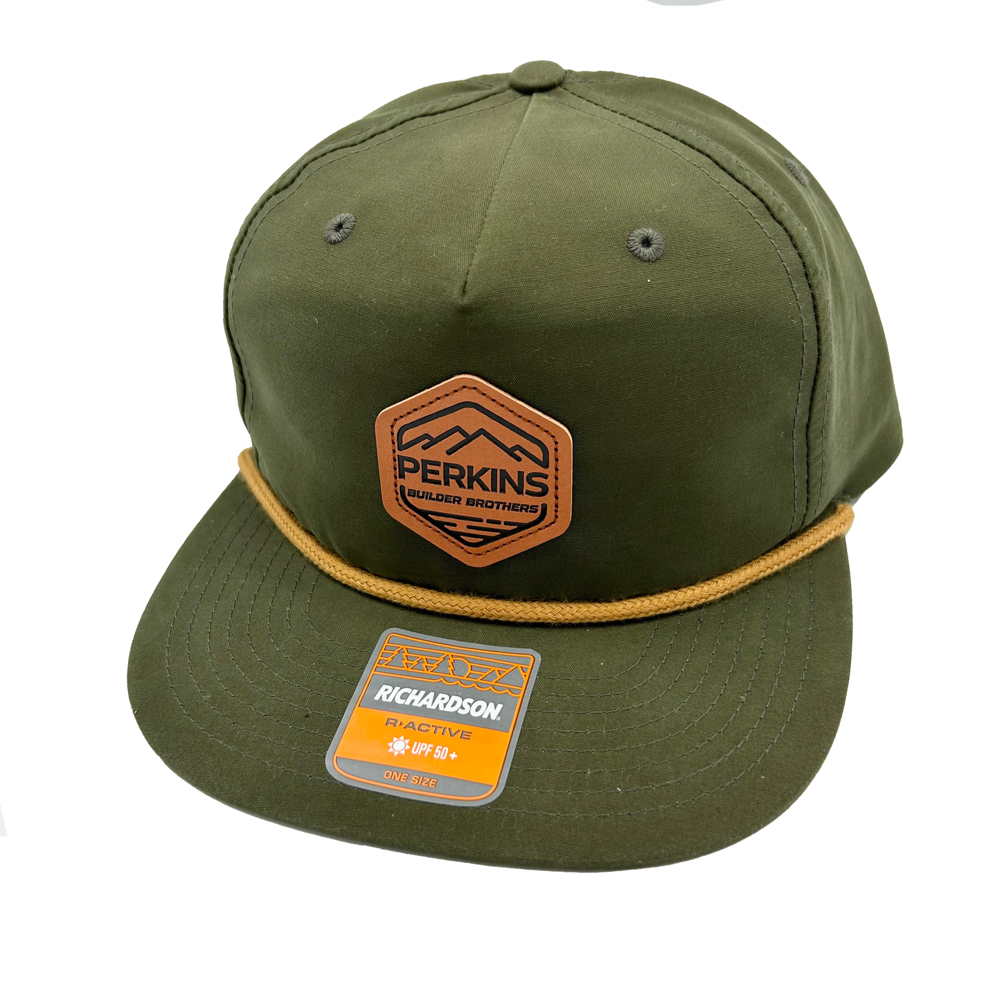 Debossed Faux Leather Patch - Richardson 256 Hi Pro Outdoor Flat Bill Hat - Loden/Gold Rope (UPF 50+) - Perkins Builder Brothers