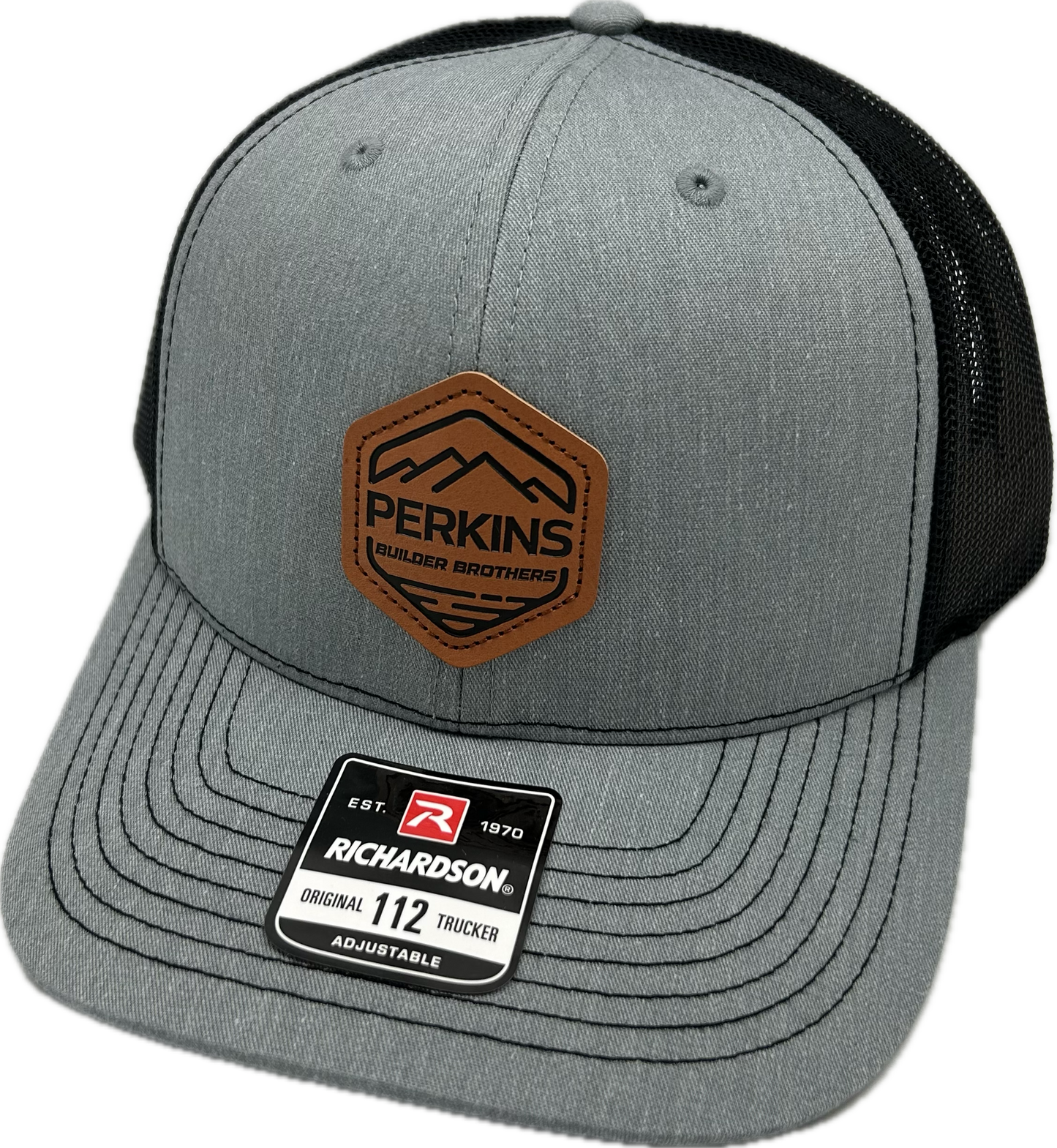 (YOUTH) Debossed Faux Leather Patch - Richardson 112 Snapback Trucker Hat - (YOUTH) Heather Grey/Black - Perkins Builder Brothers