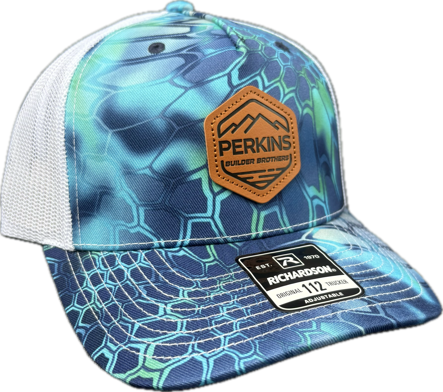 Genuine Leather Patch - Richardson 112 Snapback Trucker Hat - Kryptek Pontus/White - Perkins Builder Brothers