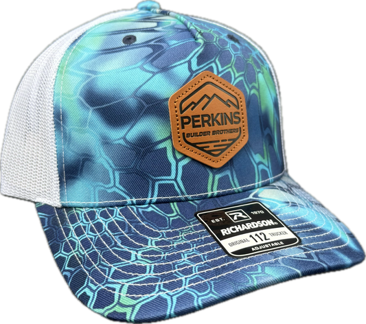 Debossed Faux Leather Patch - Richardson 112 Snapback Trucker Hat - Kryptek Pontus/White - Perkins Builder Brothers