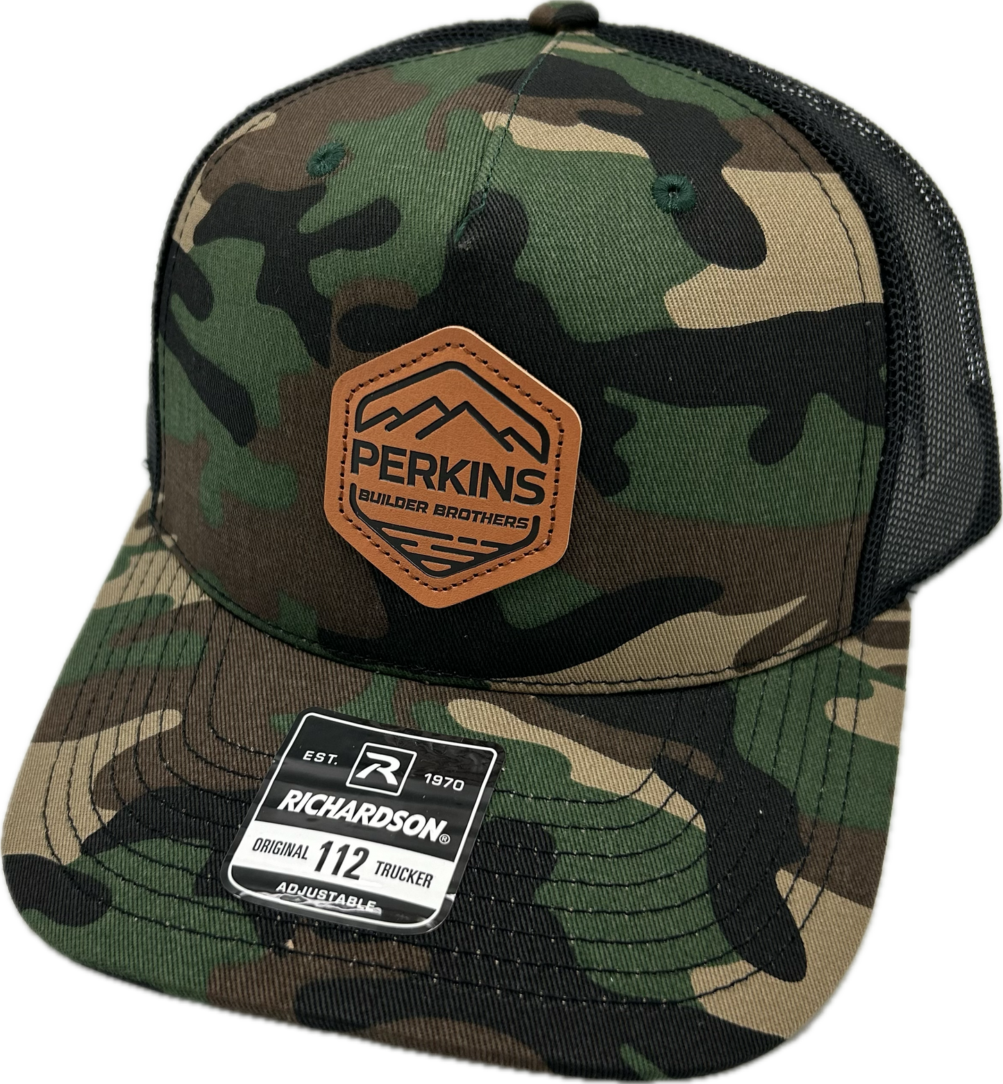 Debossed Faux Leather Patch - Richardson 112PFP Snapback Trucker Hat - Green Camo/Black - Perkins Builder Brothers