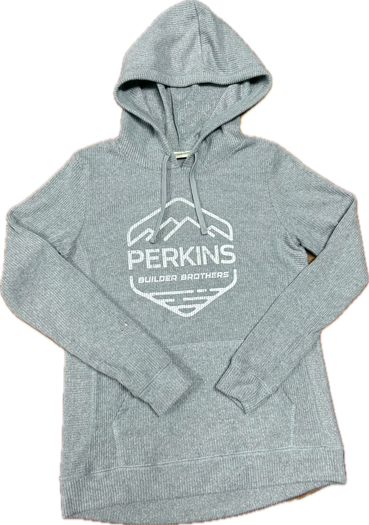 Ladies Ribbed Hoodie - Rustic Ice Blue - Perkins Builder Brothers Distressed Logo