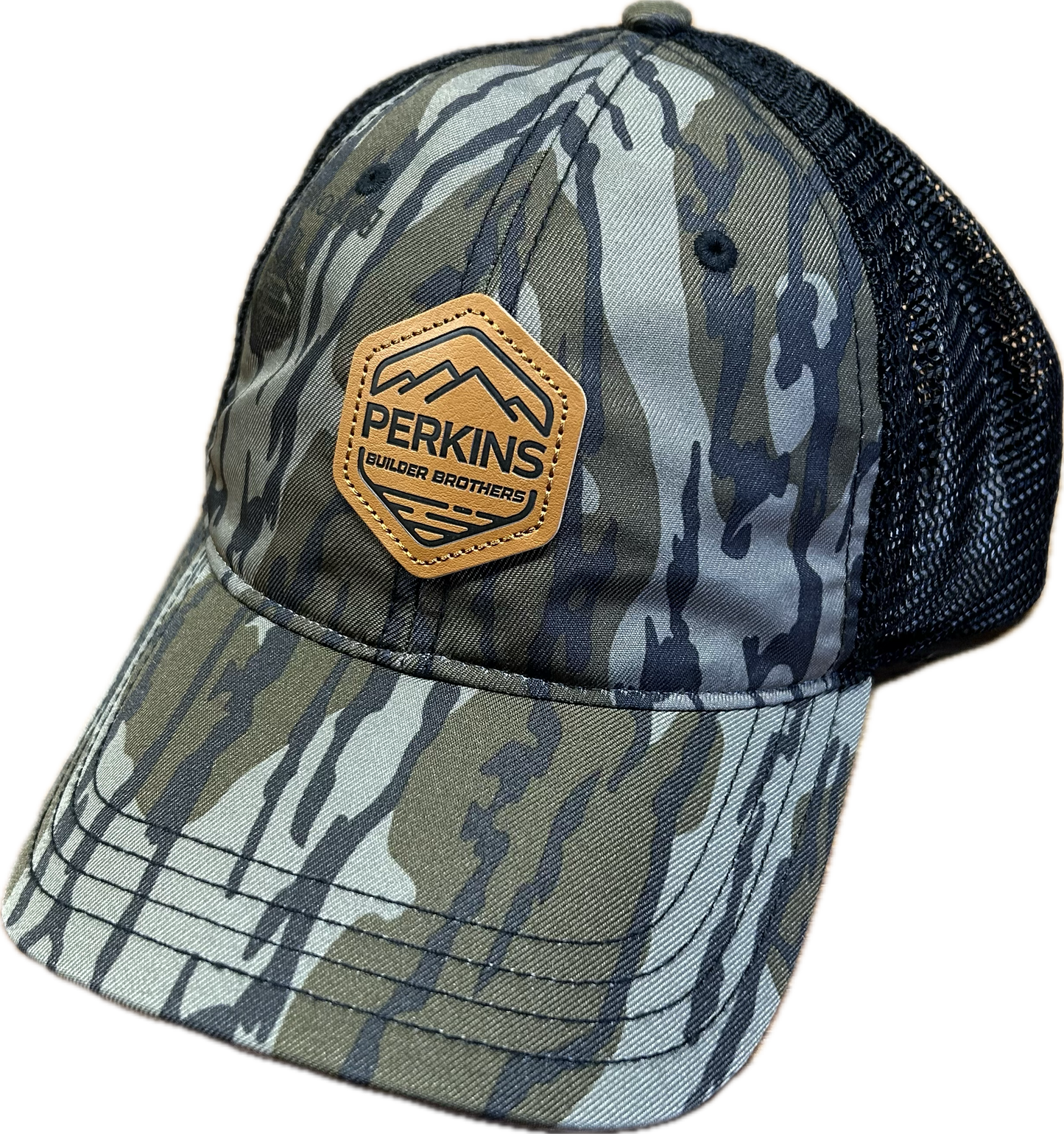 Debossed Faux Leather Patch - Richardson 111 Relaxed Trucker Hat - Bottomland Camo/Black - Perkins Builder Brothers