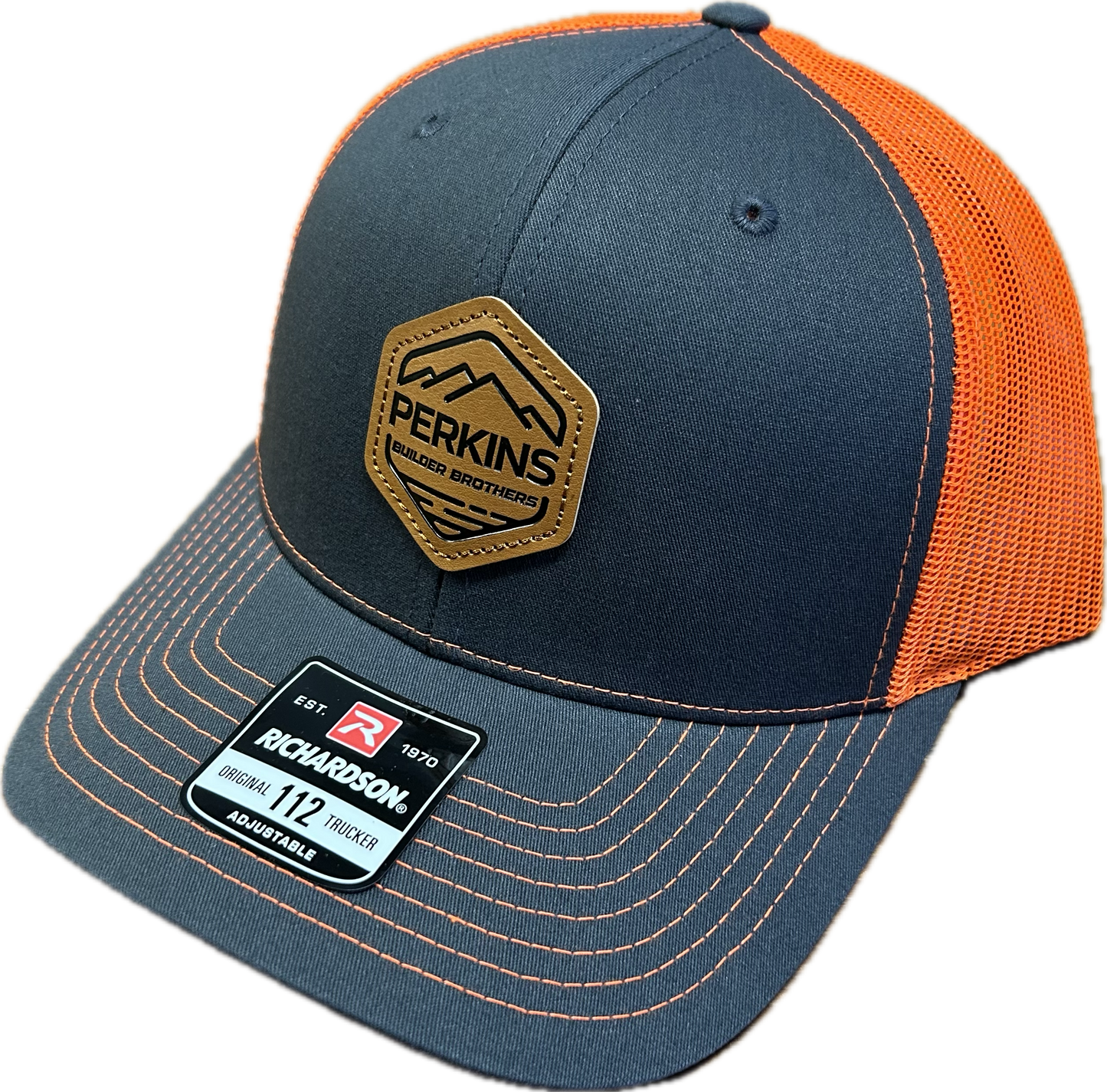 Debossed Faux Leather Patch - Richardson 112 Snapback Trucker Hat - Charcoal/Safety Orange - Perkins Builder Brothers