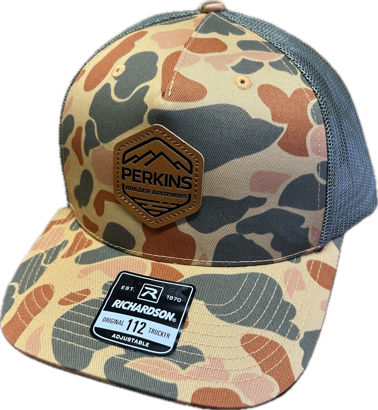 Debossed Faux Leather Patch - Richardson 112 Snapback Trucker Hat - Sienna Duck Camo/Loden - Perkins Builder Brothers