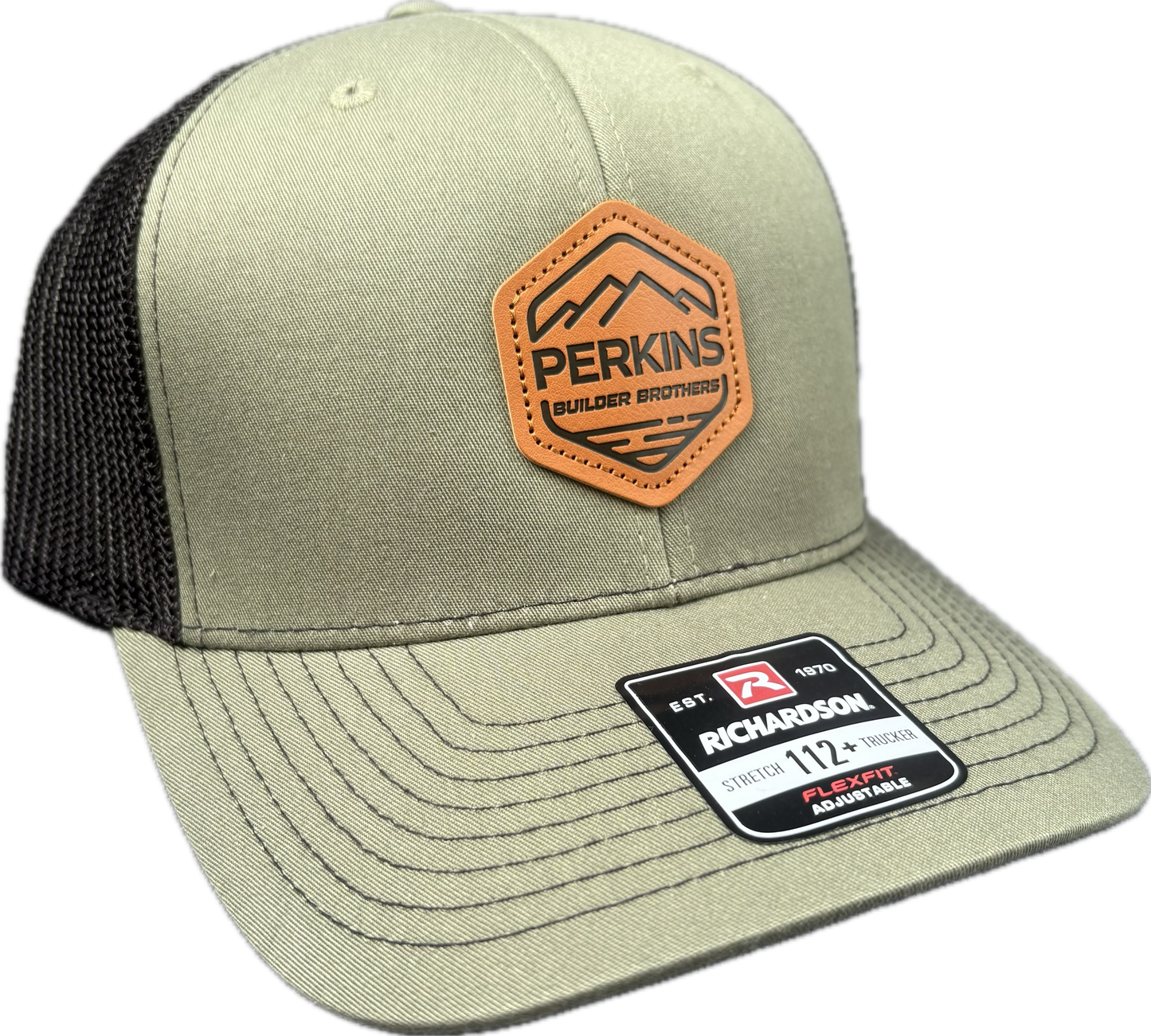 Genuine Leather Patch - Richardson 112+ Snapback Trucker Hat - Loden/Black - Perkins Builder Brothers