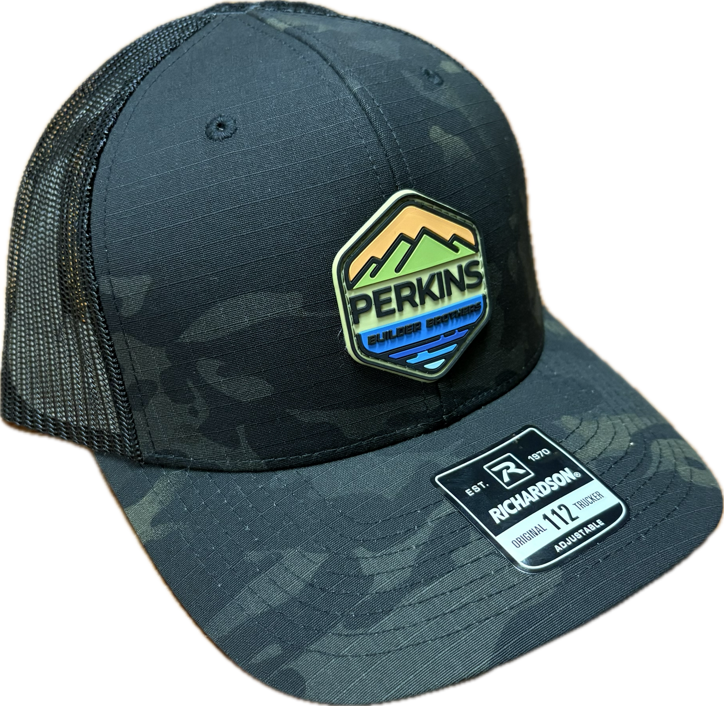 Full Color Rubber Patch - Richardson 112PT Tactical Trucker Hat - Multicam Black/Black - Perkins Builder Brothers