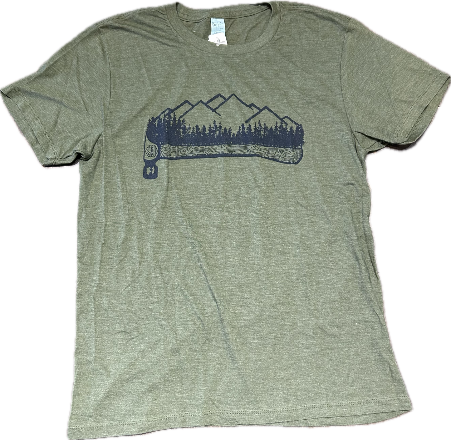 Mens T-Shirt - Olive Heather - Outdoor Lovers Mountain Hammer - Perkins Builder Brothers
