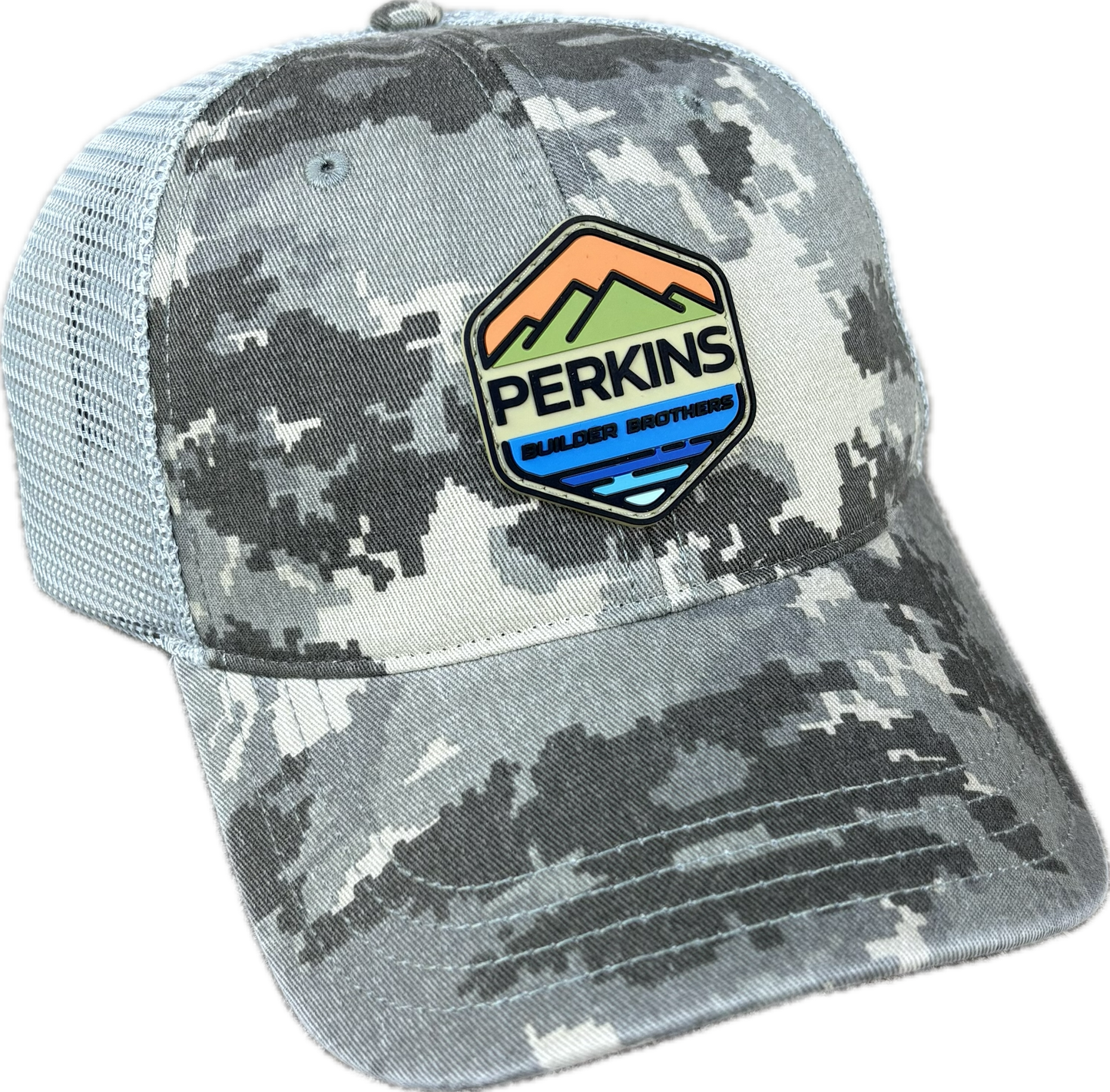 Full Color Rubber Patch - Richardson 111 Relaxed Trucker Hat - Digital Camo/Light Green - Perkins Builder Brothers