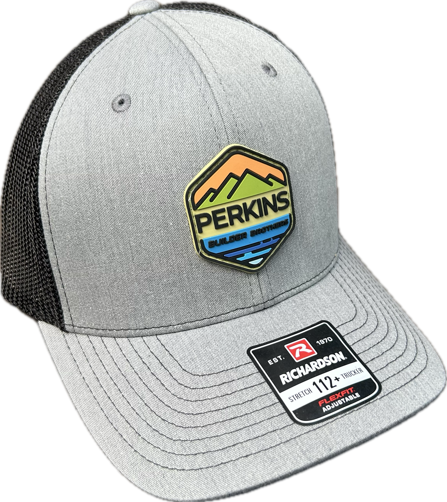 Full Color Patch - Richardson 112+ Stretch Fit Trucker Hat - Heather Grey/Black - Perkins Builder Brothers