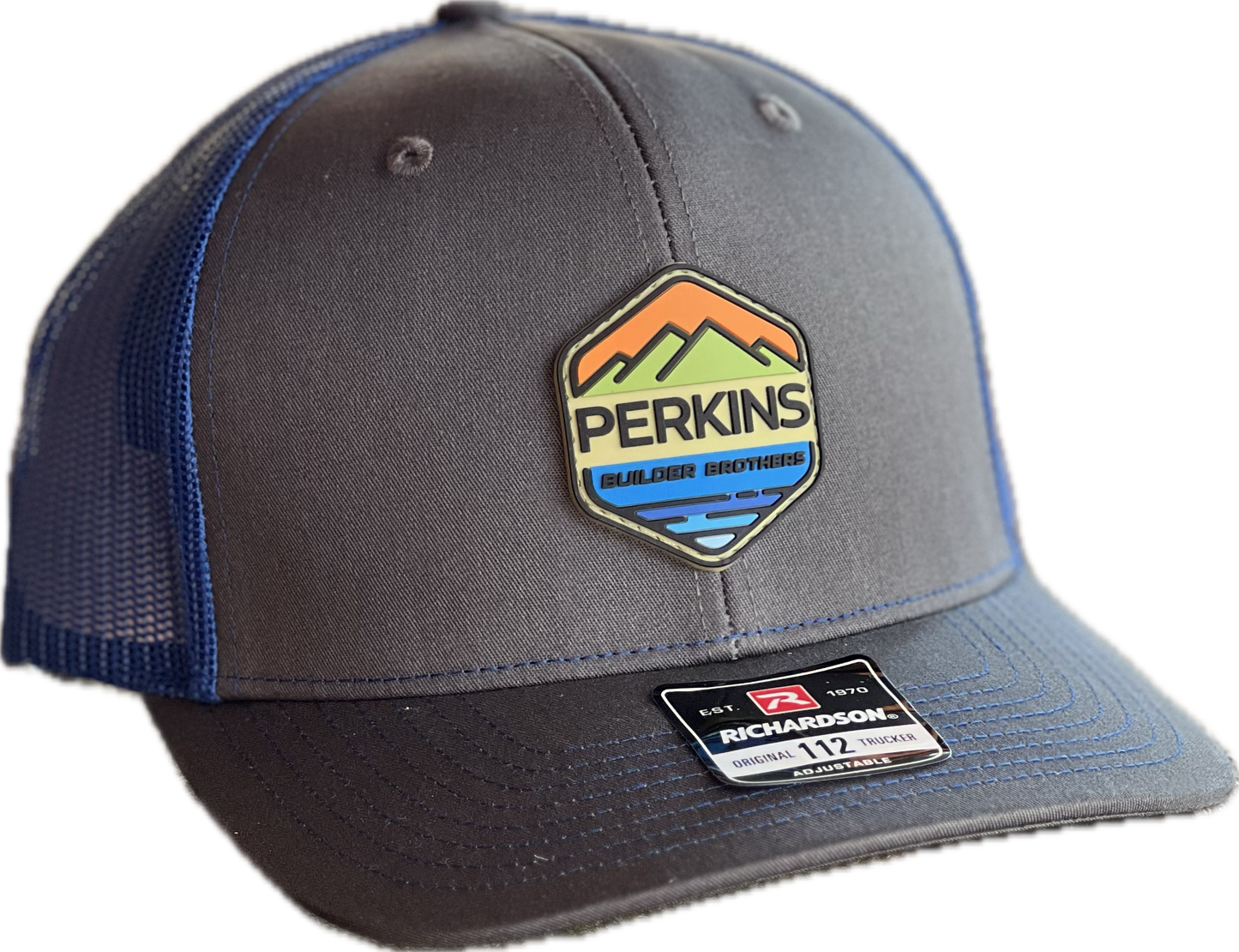Full Color Rubber Patch - Richardson 112 Snapback Trucker Hat - Charcoal/Royal Blue - Perkins Builder Brothers (Copy)