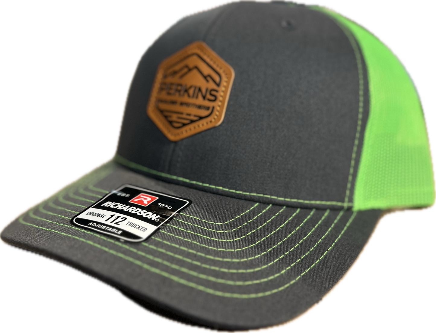 Debossed Faux Leather Patch - Richardson 112 Snapback Trucker Hat - Charcoal/Neon Green - Perkins Builder Brothers (Copy)