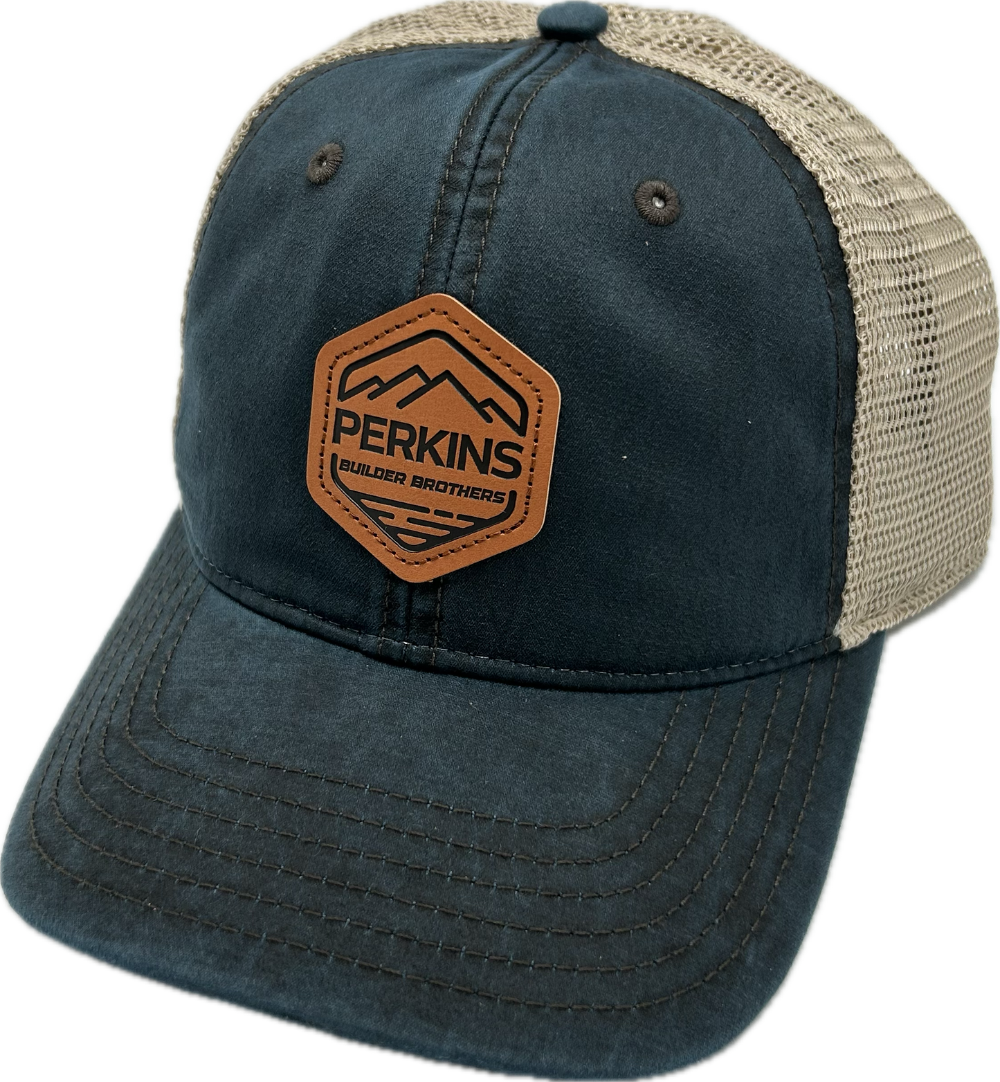 Genuine Leather Patch - Richardson 211 Casual Trucker Hat - Navy/Khaki - Perkins Builder Brothers