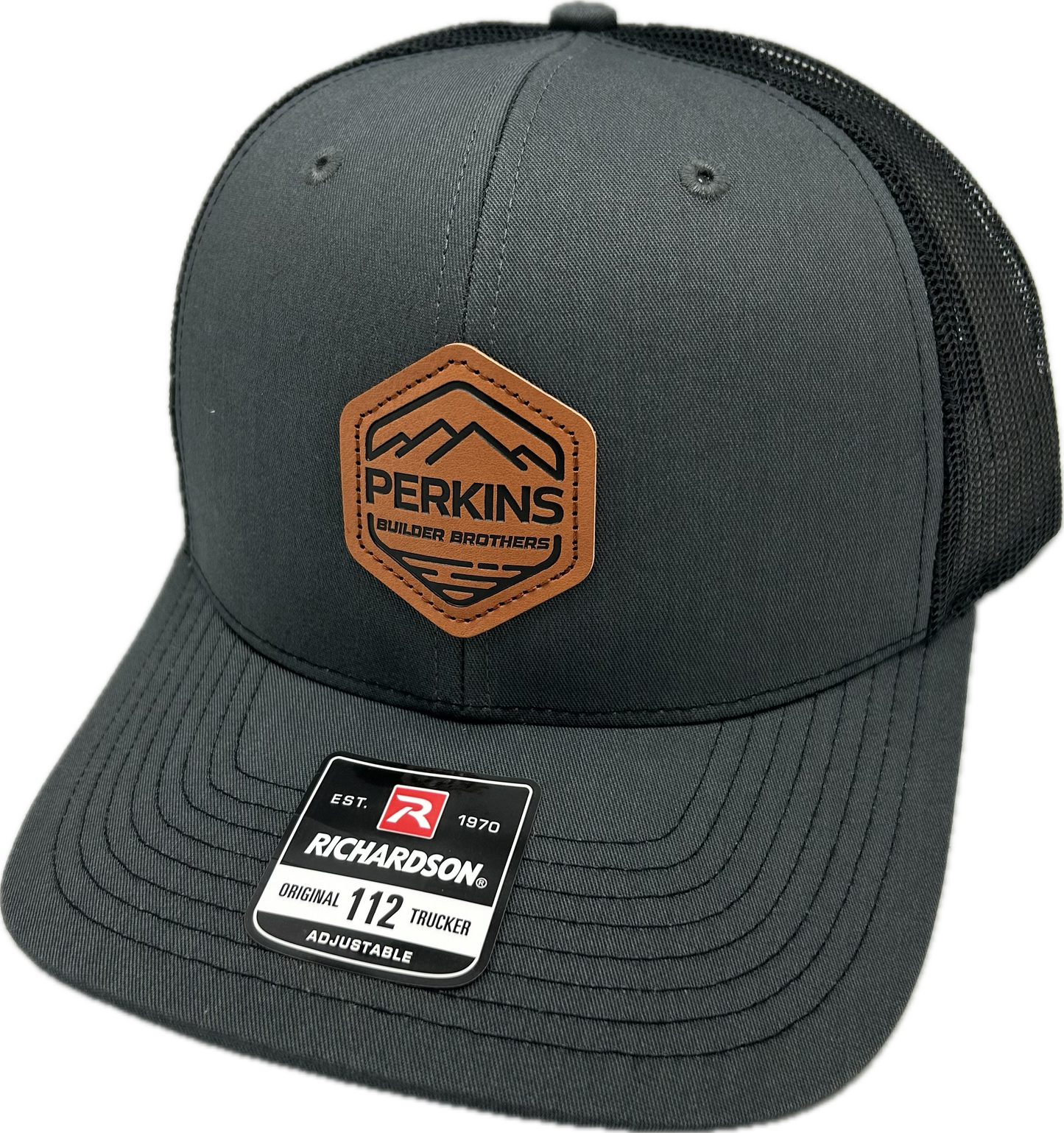 Genuine Leather Patch - Richardson 112 Snapback Trucker Hat - Charcoal/Black - Perkins Builder Brothers