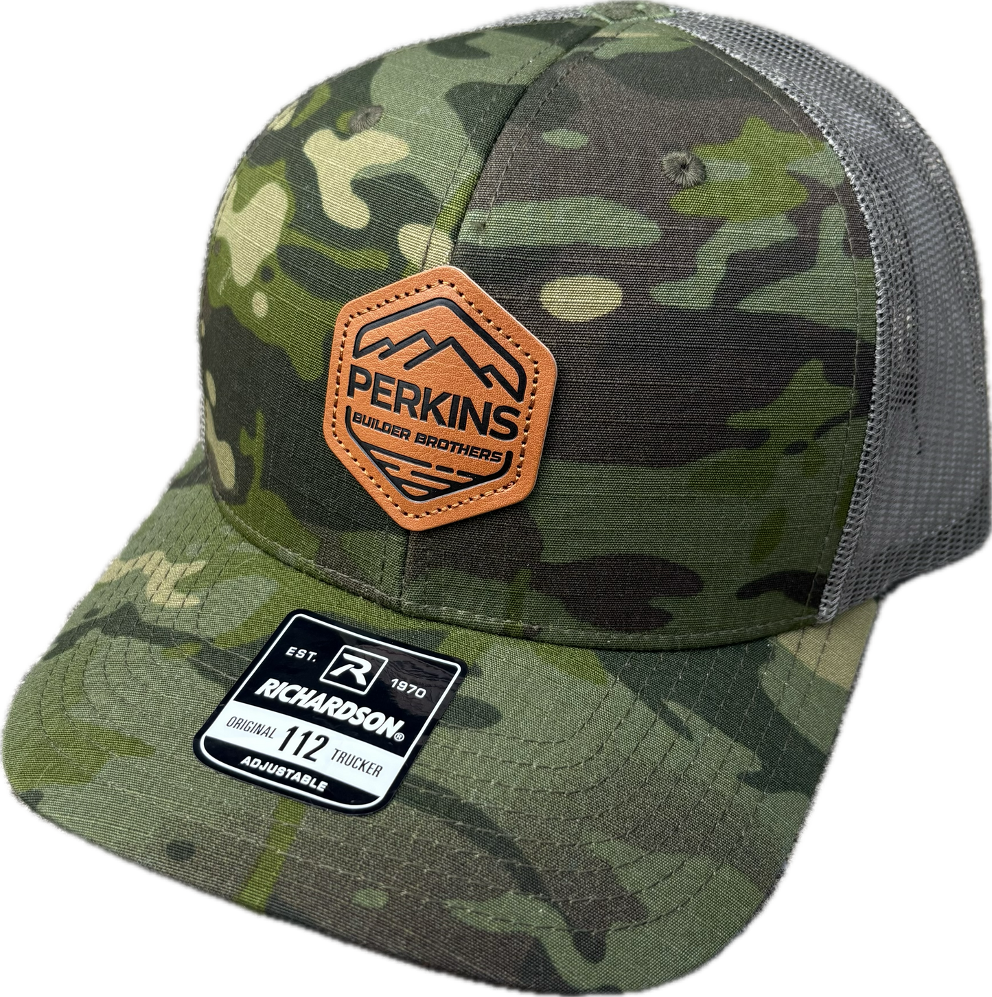 Debossed Faux Leather Patch - Richardson 112PT Tactical Trucker Hat - Multicam Tropic/Loden - Perkins Builder Brothers