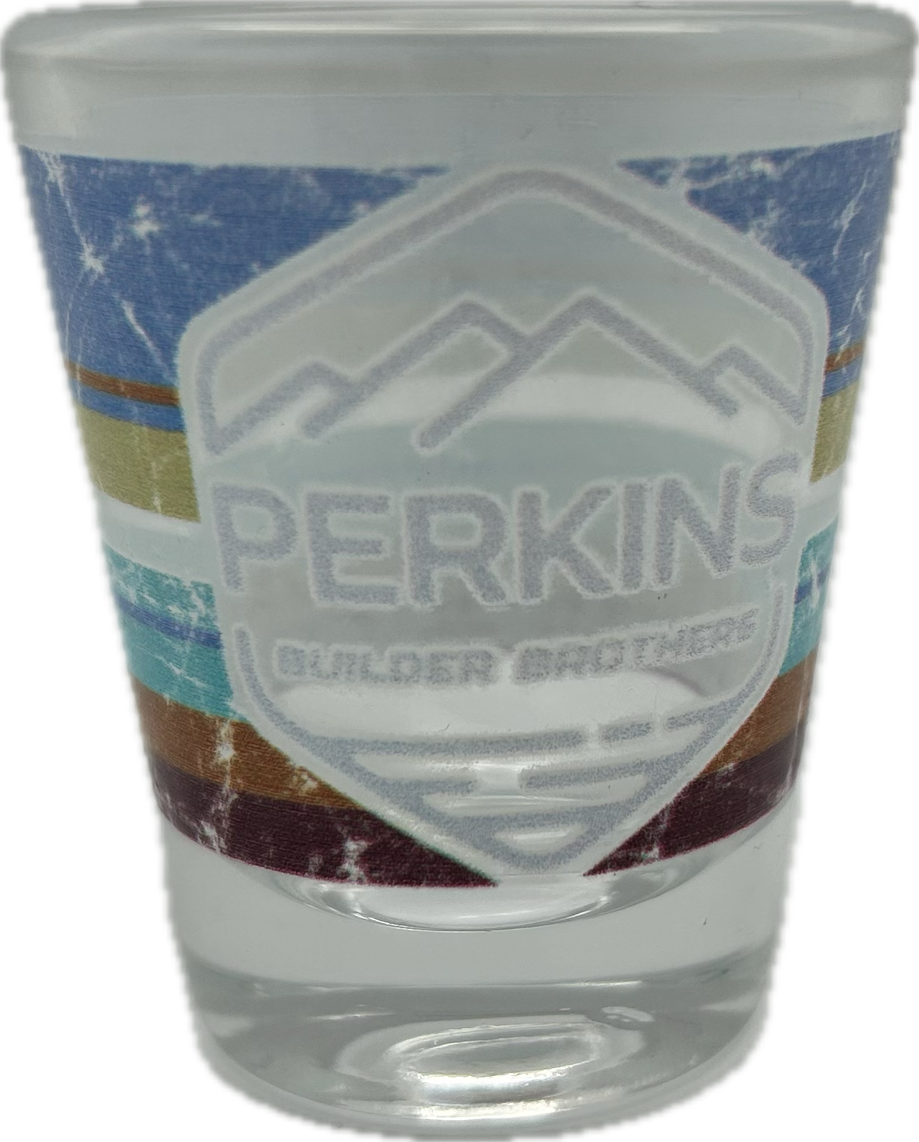Vaso de chupito de 1,75 oz - Logotipo de rayas retro de Perkins Builder Brothers