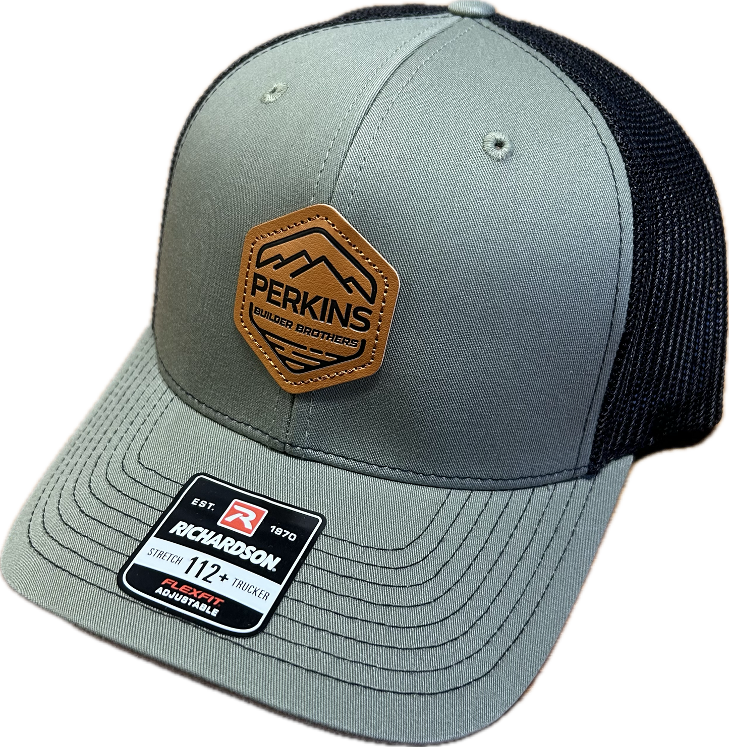 Genuine Leather Patch - Richardson 112+ Stretch Fit Trucker Hat - Lodenl/Black - Perkins Builder Brothers