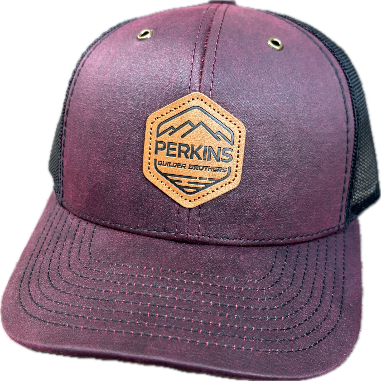 Faux Leather Patch - Richardson 112WF Snapback Trucker Hat - Burgundy/Black - Perkins Builder Brothers