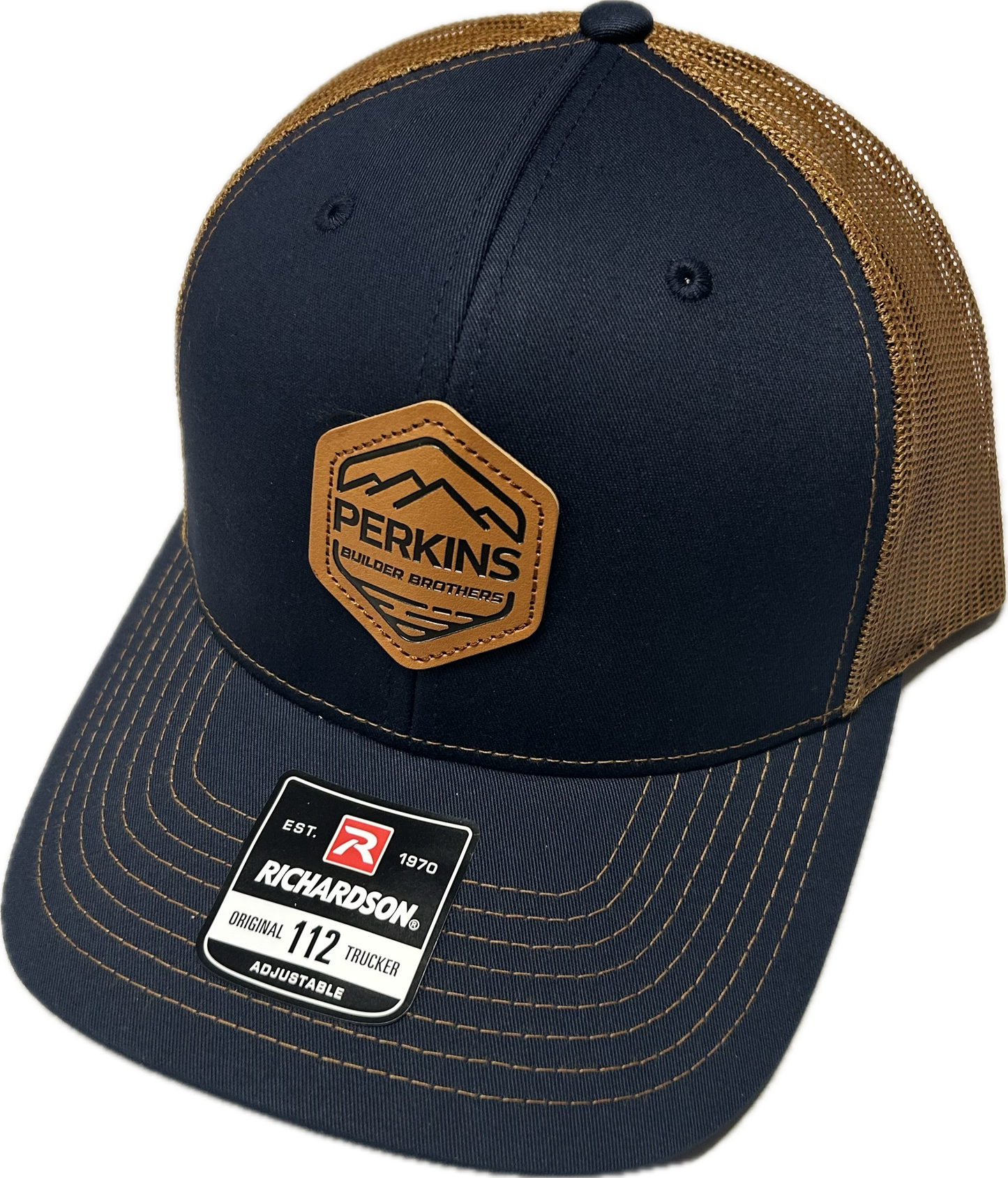 Genuine Leather Patch - Richardson 112 Snapback Trucker Hat - Navy/Caramel - Perkins Builder Brothers