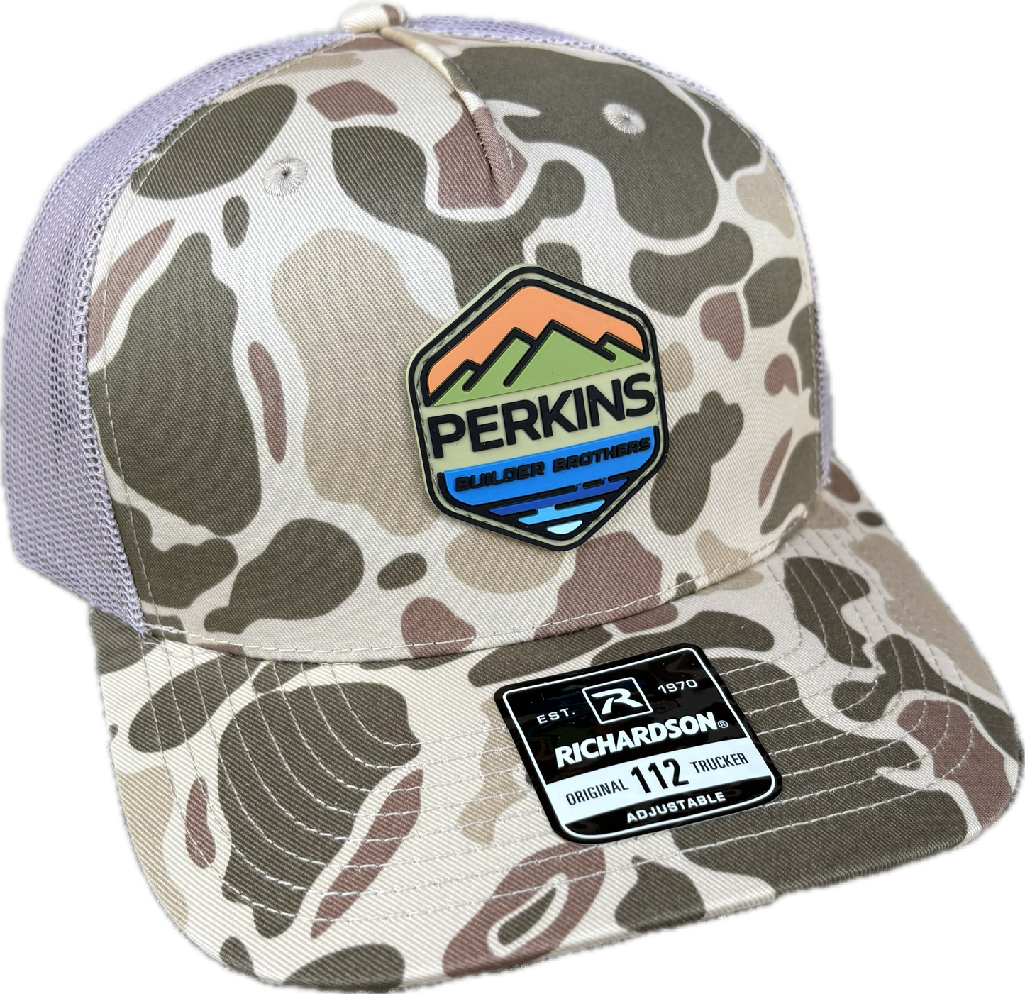 Full Color Rubber Patch - Richardson 112PFP Snapback Trucker Hat - Harvest Duck Camo/Light Tan - Perkins Builder Brothers