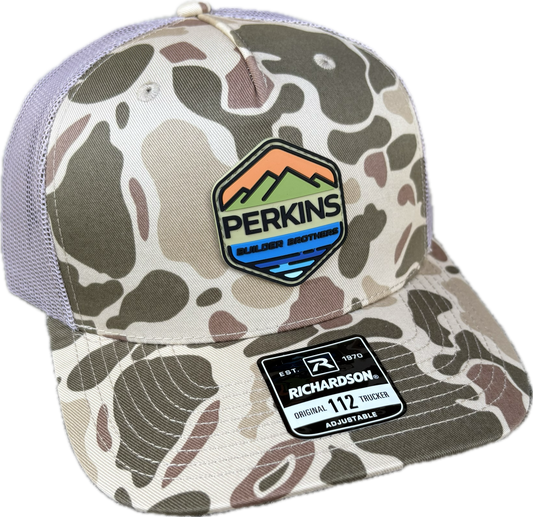 Full Color Rubber Patch - Richardson 112PFP Snapback Trucker Hat - Harvest Duck Camo/Light Tan - Perkins Builder Brothers